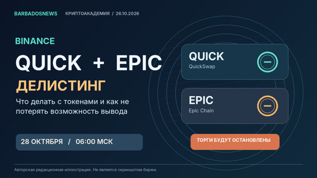 Редакционная обложка: QUICK и EPIC, делистинг Binance 28 октября 2026 года и срок остановки торгов 06:00 МСК; не реальный экран биржи