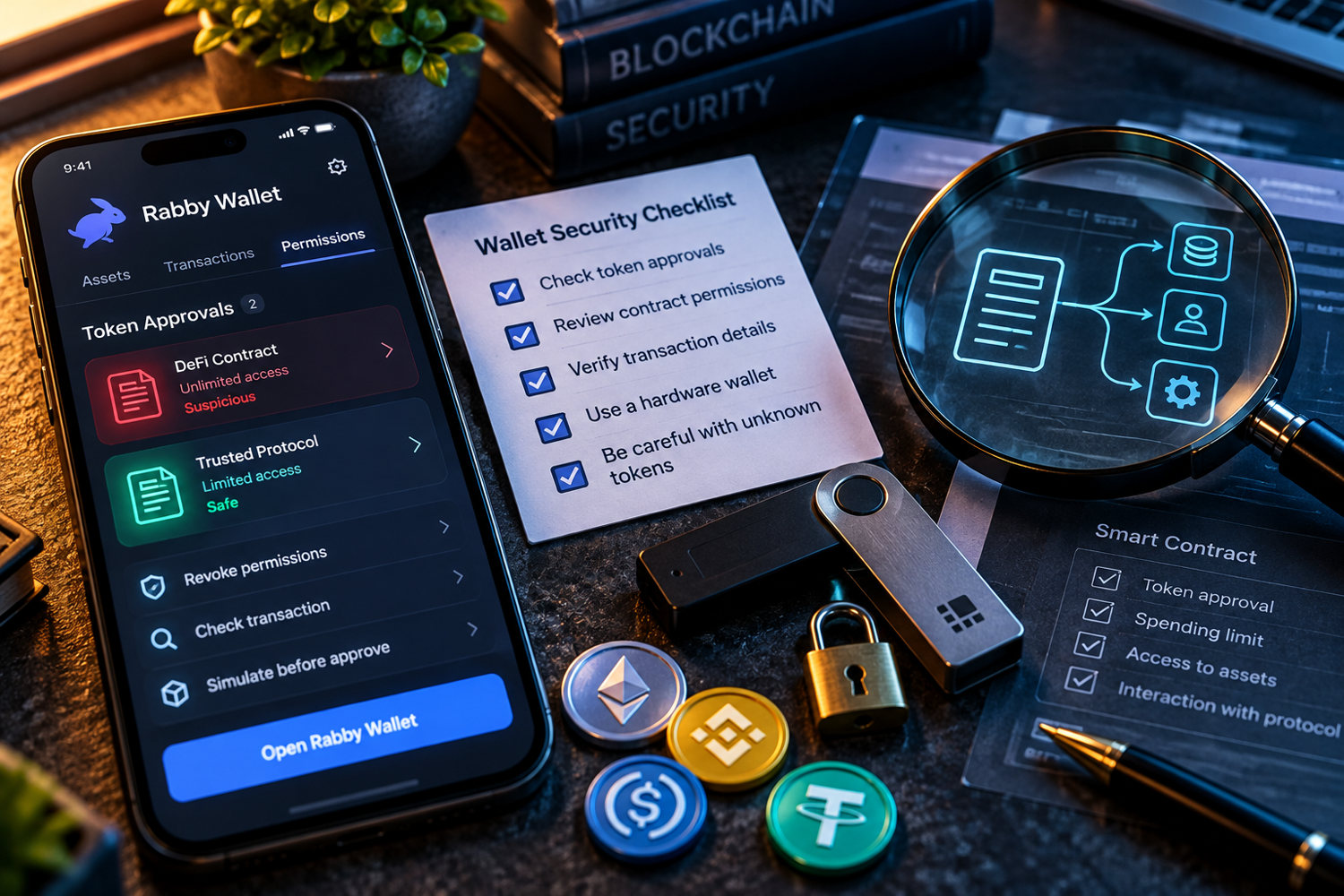 Проверка разрешений на расходование токенов и безопасности подключения в Rabby Wallet