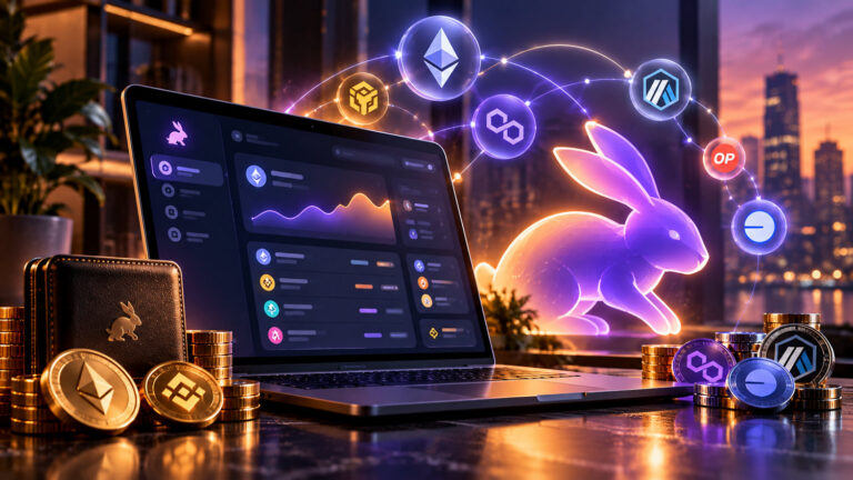 Rabby Wallet и криптовалютные сети Ethereum, BNB Chain, Arbitrum, Base на концептуальной обложке