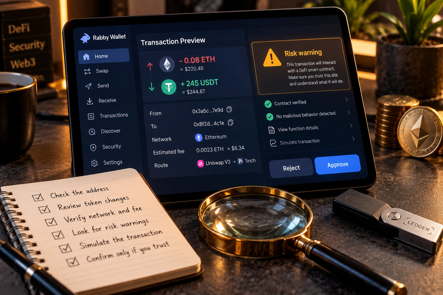 Предварительная проверка транзакции Rabby Wallet с изменением баланса, комиссией и предупреждением