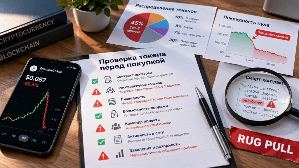 Рагпул в криптовалюте: предметная фотография проверки токена, ликвидности и контракта перед покупкой