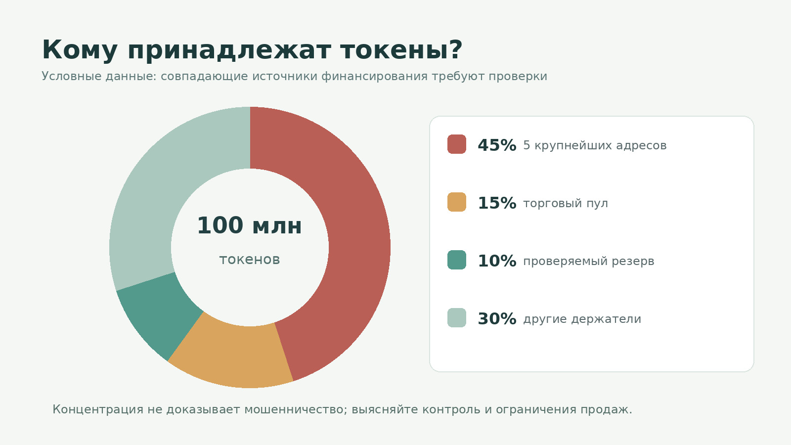 Диаграмма распределения 100 миллионов токенов: 45 процентов у пяти крупных адресов, 15 процентов в пуле