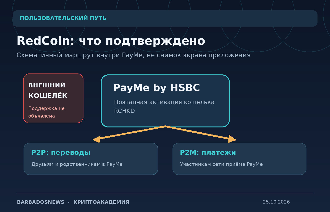 Схема заявленного использования RedCoin в PayMe: активация по мере доступности, перевод пользователю и оплата продавцу, внешний вывод не подтверждён
