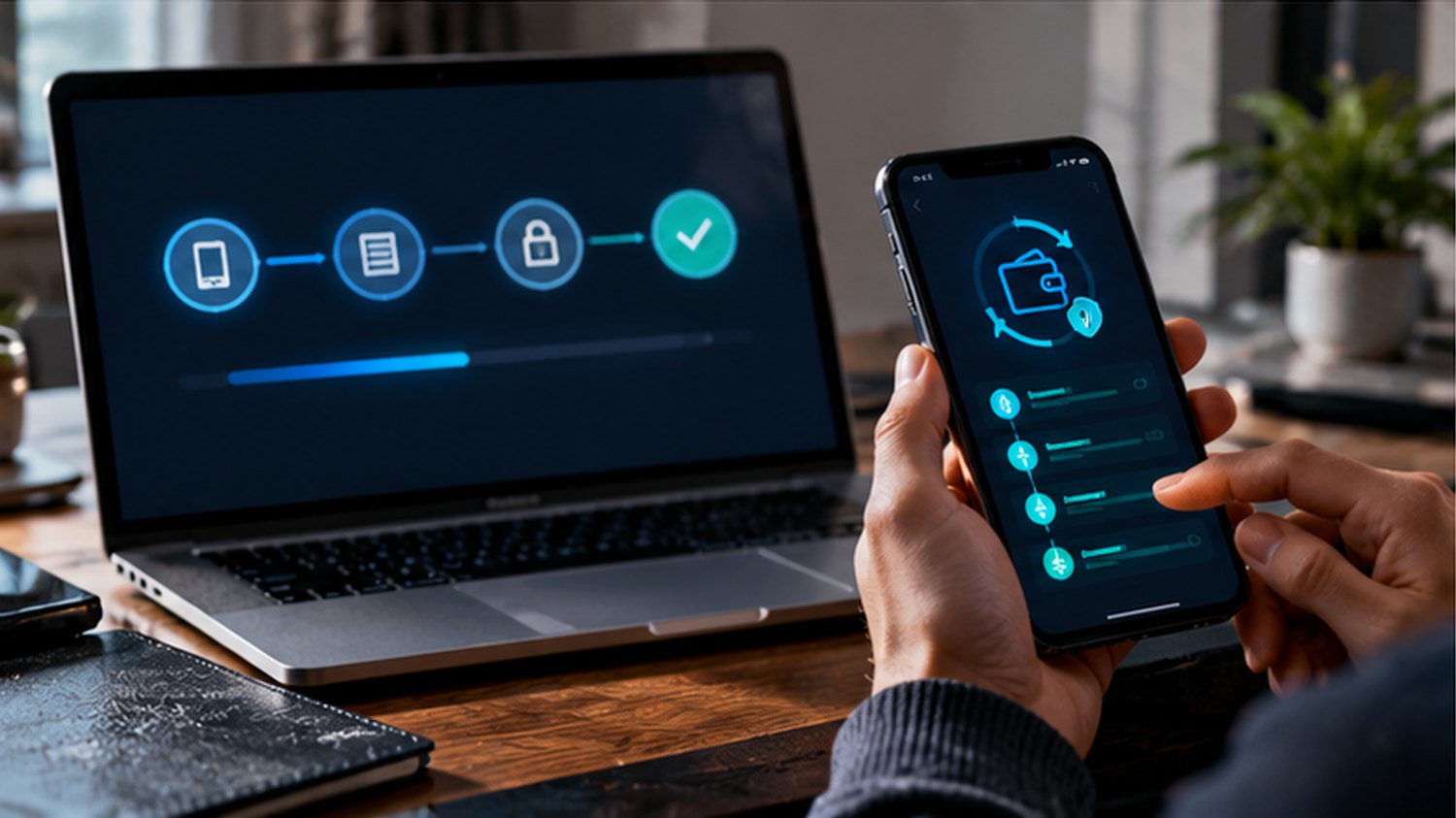 Иллюстрация восстановления доступа к криптокошельку на новом смартфоне и ноутбуке