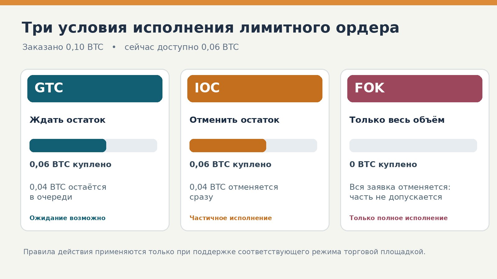 Сравнение действия ордеров GTC, IOC и FOK при наличии только 0,06 BTC для исполнения заявки на 0,10 BTC