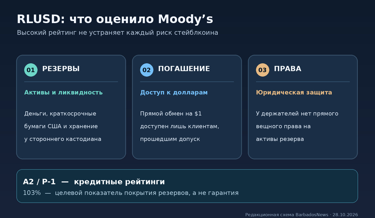 Редакционная схема: Moody's оценивает качество резервов RLUSD, доступность погашения и юридические права держателей; рейтинг A2 и целевое покрытие 103% не являются гарантией