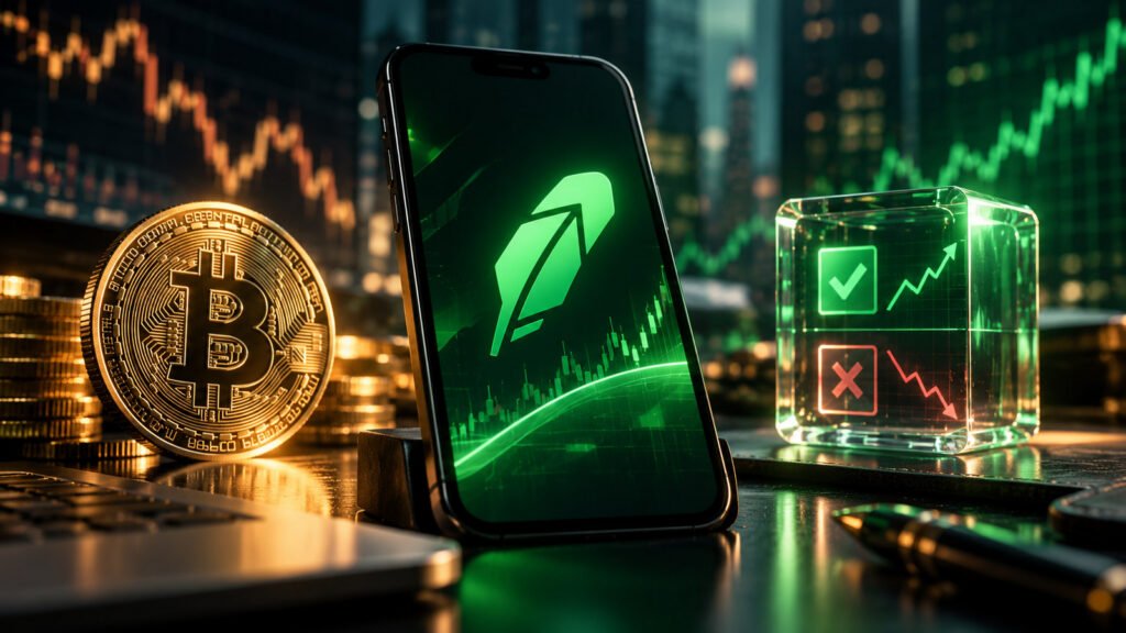 Авторская цифровая иллюстрация: Robinhood, Bitcoin и рынки прогнозов в одной финансовой экосистеме