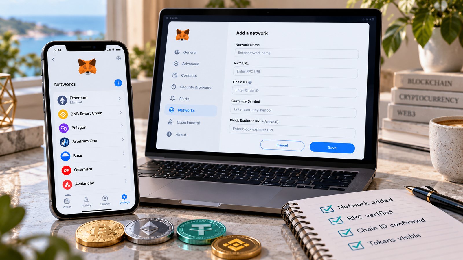 Иллюстрация полей добавления пользовательской сети MetaMask: RPC URL, Chain ID и обозреватель