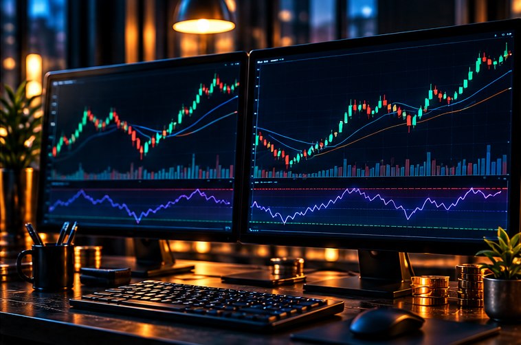 Два монитора с графиками Bitcoin и Ethereum и линией индекса относительной силы