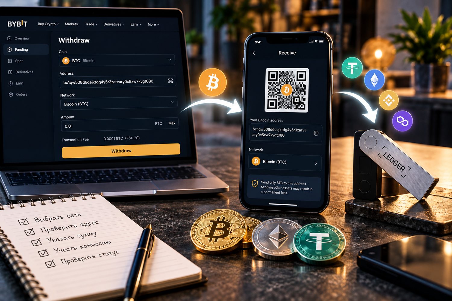 Проверка адреса сети комиссии и TxID перед переводом Bitcoin с биржи на кошелёк