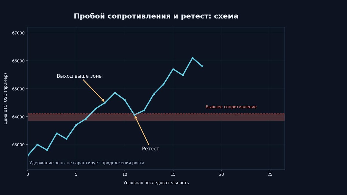 Схема пробоя уровня сопротивления и ретеста с условными ценами Bitcoin