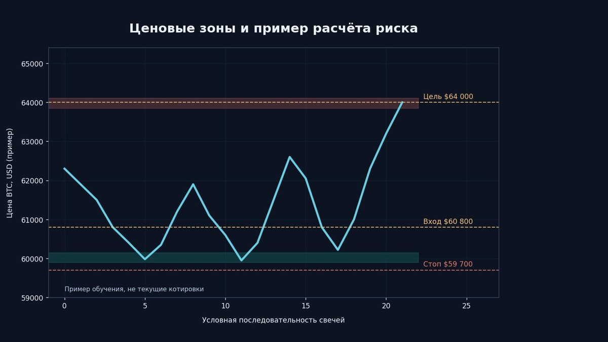 Схема поддержки и сопротивления Bitcoin: зоны 59 900-60 150 и 63 850-64 100 долларов, вход, стоп и цель