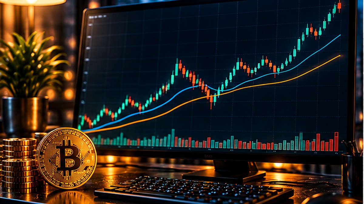 Скользящие средние SMA и EMA на графике Bitcoin с восходящим трендом на торговом терминале