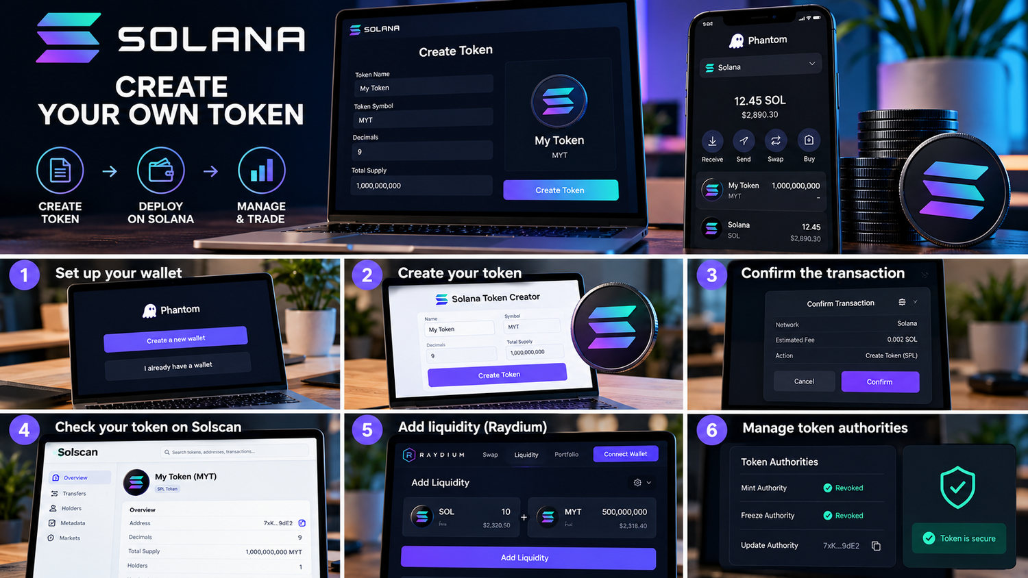 Схема запуска токена Solana: кошелёк, выпуск, подтверждение, Solscan, ликвидность и полномочия
