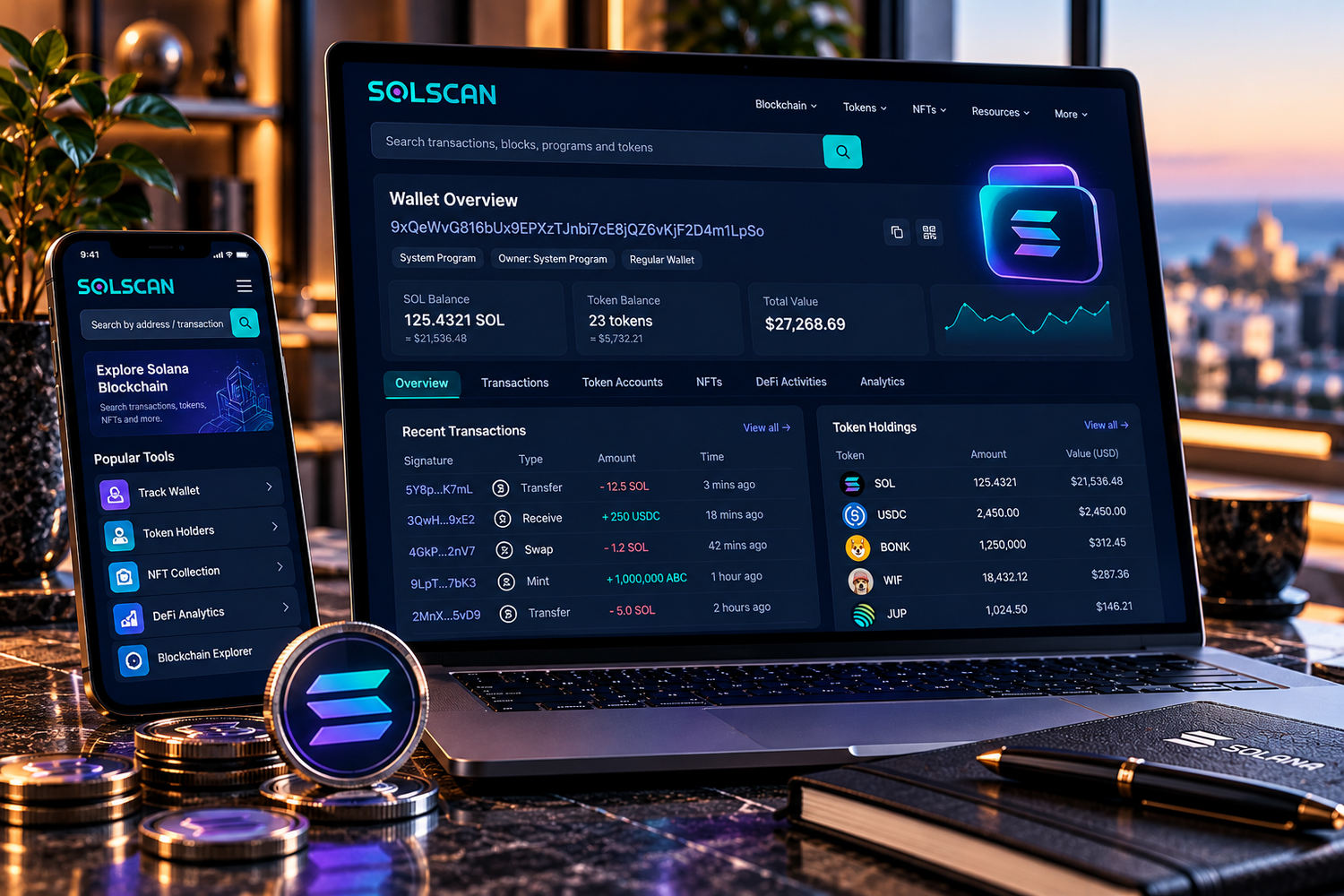 Поиск адреса Solana и обзор кошелька Solscan: баланс SOL, токены и транзакции