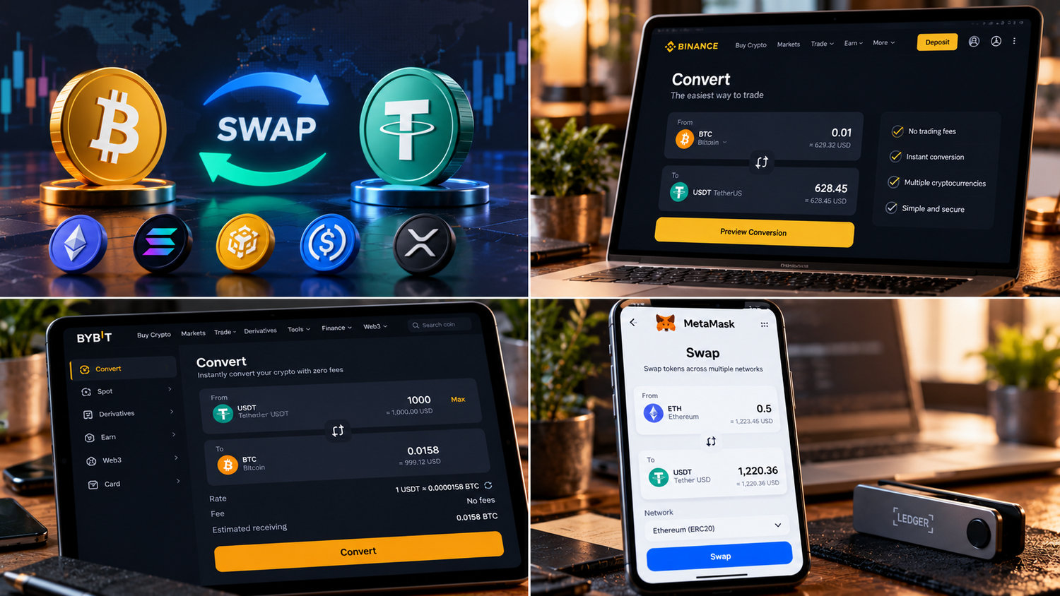 Способы обмена криптовалюты: условные примеры Binance Convert, Bybit Convert и MetaMask Swap