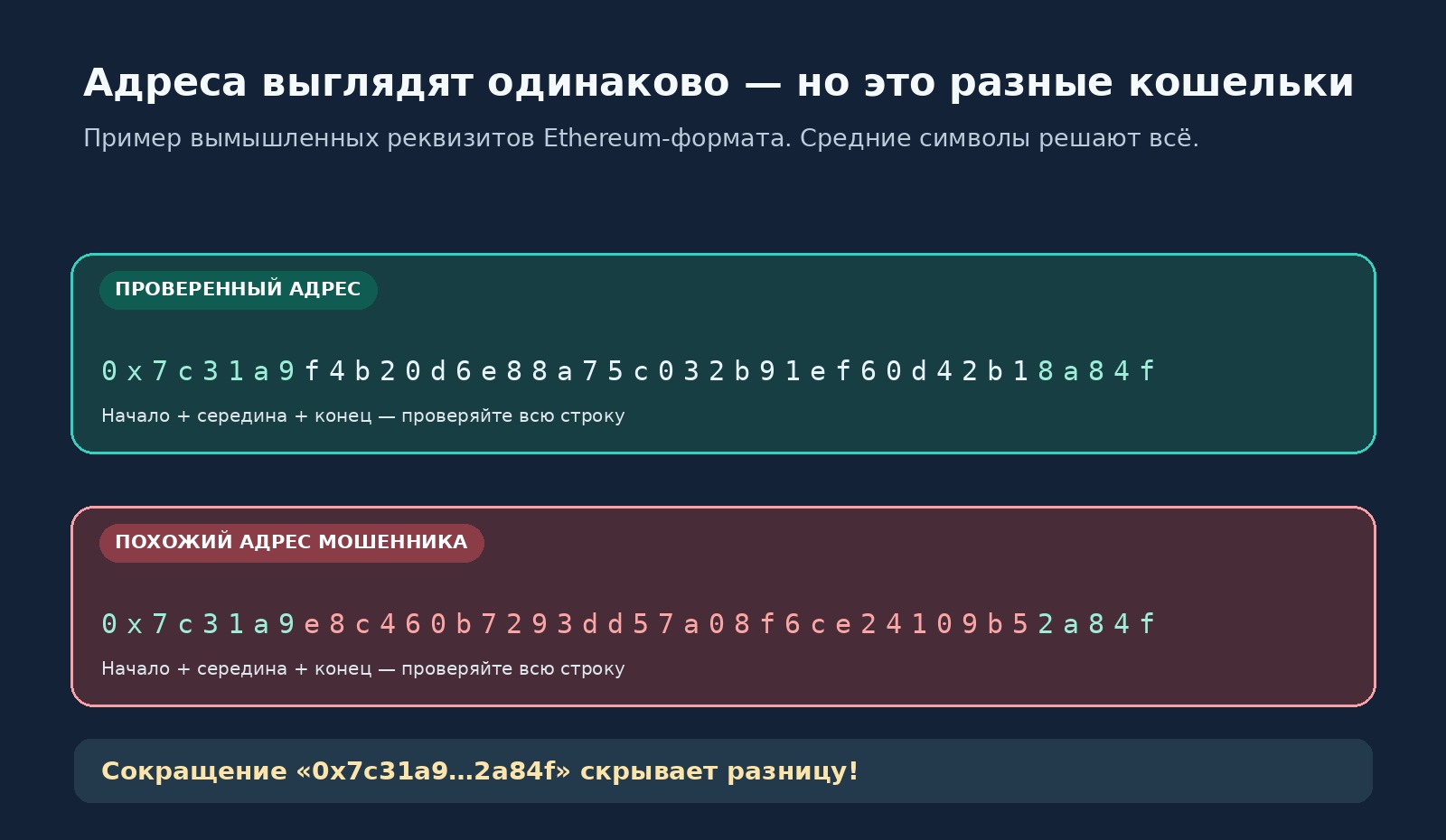 Два похожих криптовалютных адреса с совпадающими краями и различной серединой