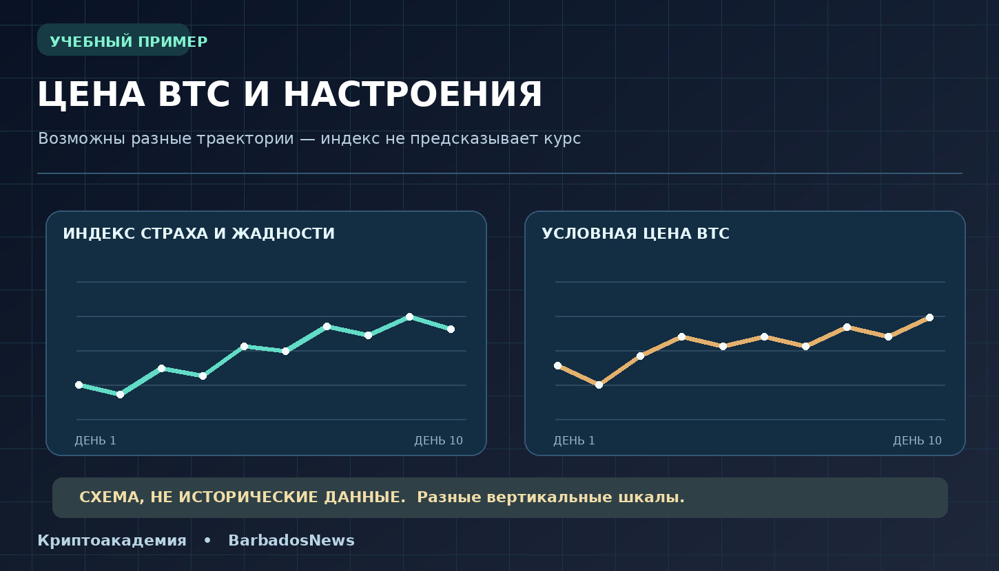 Учебный пример двух разных графиков: индекс страха и жадности и условная цена BTC без прогнозирования курса
