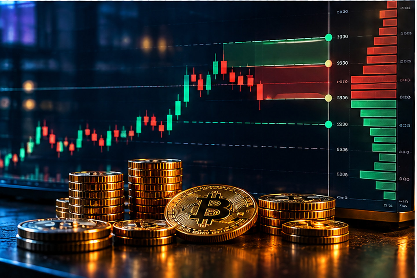 Монитор с графиком Bitcoin и уровнями заявок: сопоставление стакана и фактических торговых объёмов