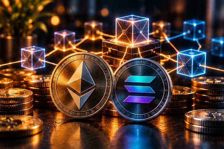 Монеты Ethereum и Solana на фоне узлов блокчейна — стейкинг криптовалюты