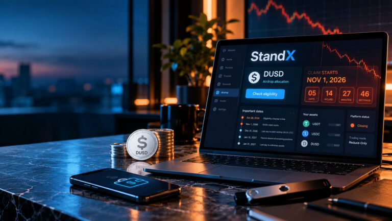 Художественная обложка: ноутбук с условной визуализацией StandX, аирдроп DUSD, даты закрытия платформы и криптокошелёк; не реальный скриншот сервиса