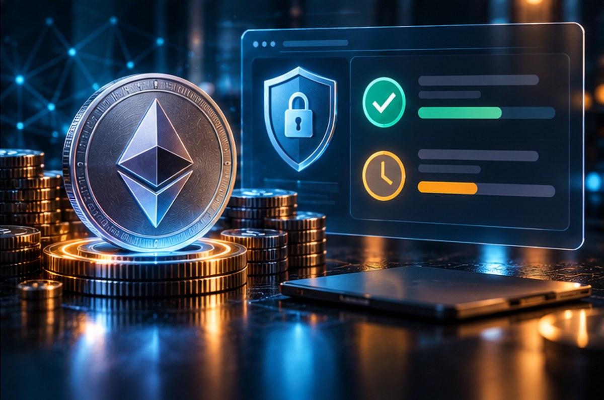 Экран проверки статуса Ethereum с символом подтверждения и ожидания включения в блок