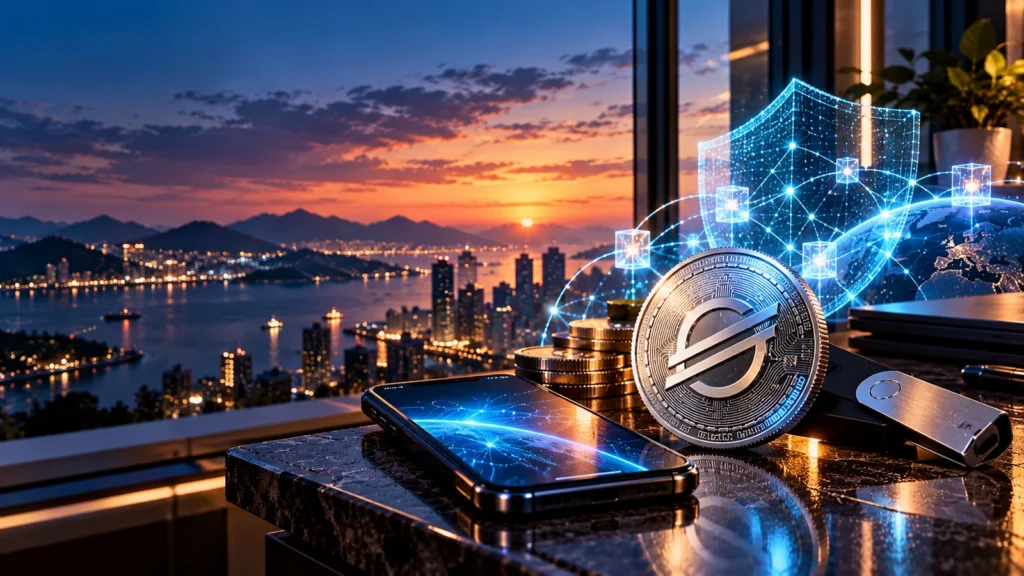 Stellar Protocol 30 Bell: футуристическая иллюстрация защищённой блокчейн-сети, XLM-кошелька и цифрового щита