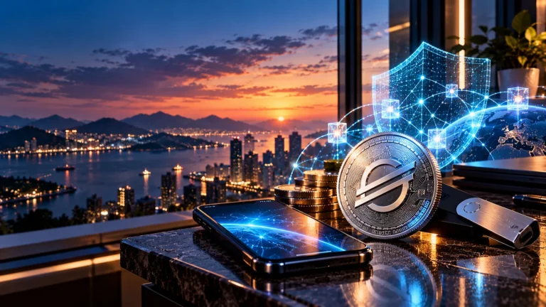 Stellar Protocol 30 Bell: футуристическая иллюстрация защищённой блокчейн-сети, XLM-кошелька и цифрового щита