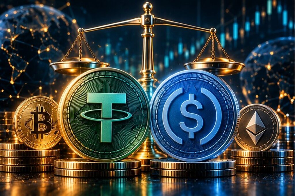 Стейблкоины USDT и USDC в виде зелёной и синей монет рядом с весами и криптовалютами
