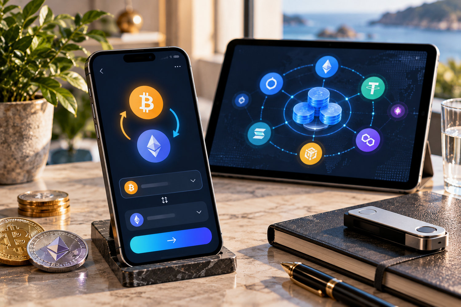 Swap в криптокошельке: условный интерфейс обмена Bitcoin и Ethereum на смартфоне