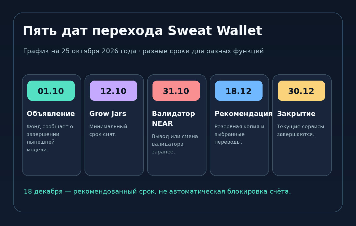 Хронология закрытия Sweat Wallet: объявление 1 октября, вывод из Grow Jars, валидатор 31 октября, рекомендация 18 декабря и окончание 30 декабря