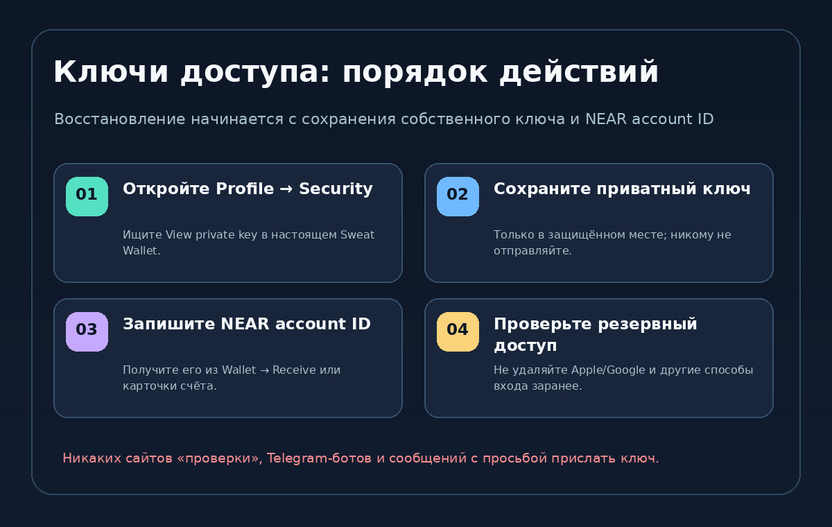 Четыре шага сохранения Sweat Wallet: приватный ключ, NEAR account ID, защищённая копия и проверка доступа без удаления способов входа