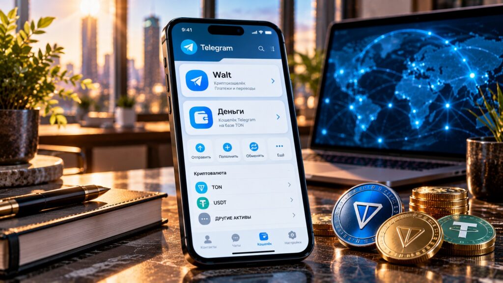 Кошелёк в Telegram в 2026 году: Walt и Деньги, смартфон с редакционной визуализацией сервисов и монеты TON и USDT