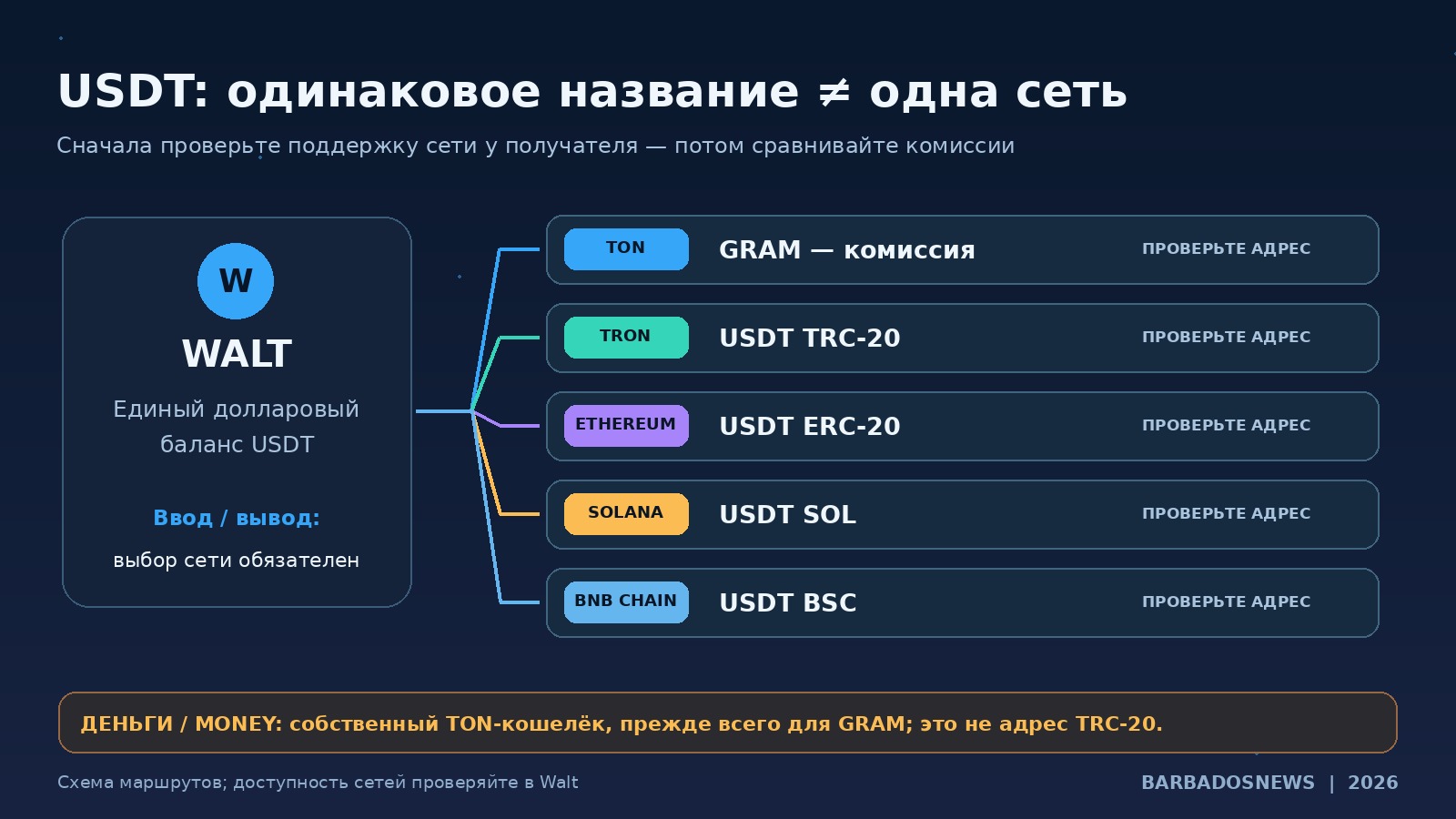 Схема сетей USDT в Walt: TON, TRON TRC-20, Ethereum ERC-20, Solana и BNB Smart Chain, проверка адреса