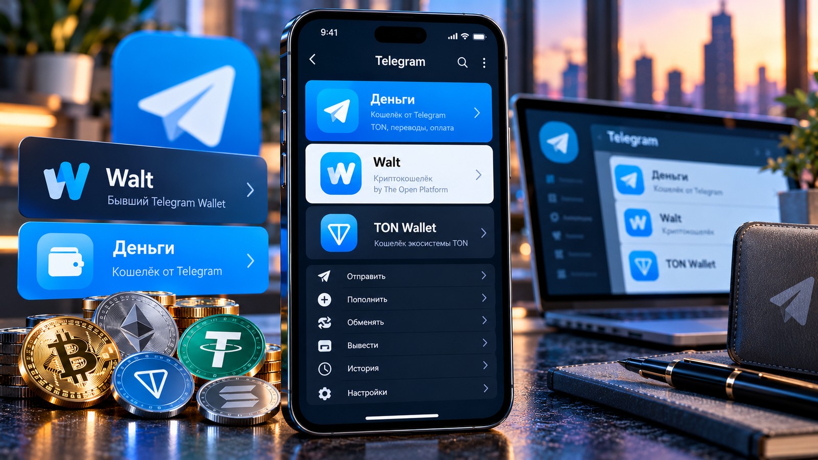 Редакционная визуализация Telegram с отдельными кошельками Деньги, Walt и TON Wallet рядом с ноутбуком и криптомонетами, не реальный скриншот