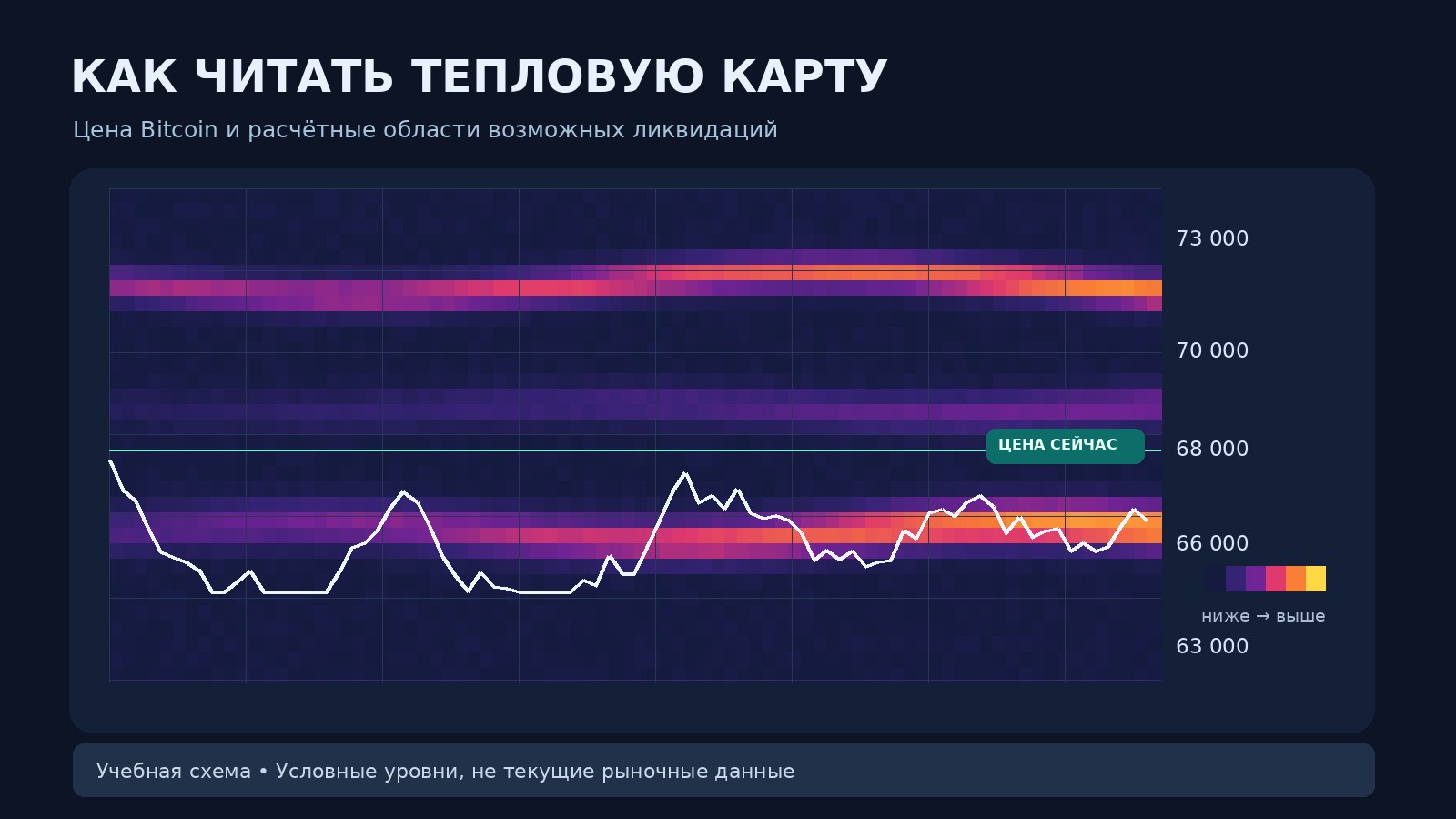 Учебная тепловая карта BTC с яркими расчетными полосами предполагаемых ликвидаций, текущей ценой и легендой