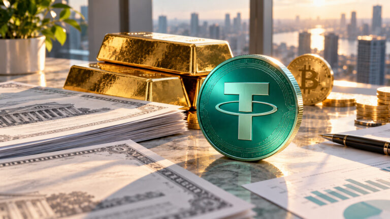 Редакционная иллюстрация финансовых резервов USDT: символ Tether, золотые слитки, бумаги и монета Bitcoin на светлом фоне
