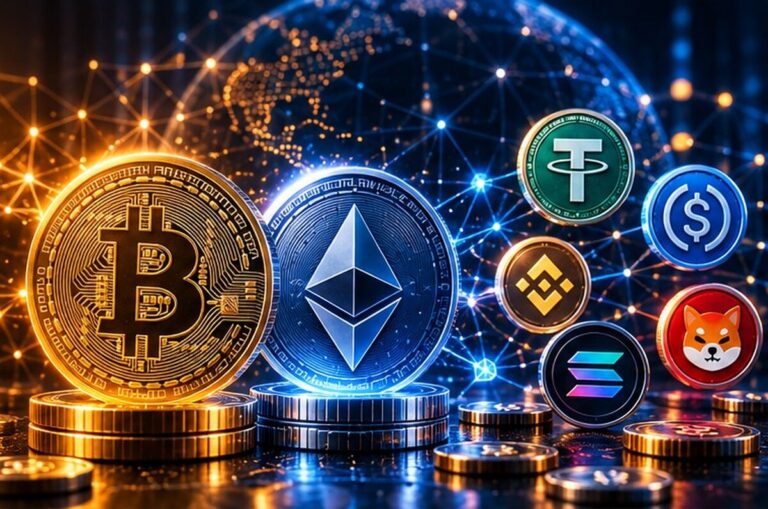 Монеты Bitcoin и Ethereum рядом с токенами USDT и Shiba Inu на схеме блокчейна