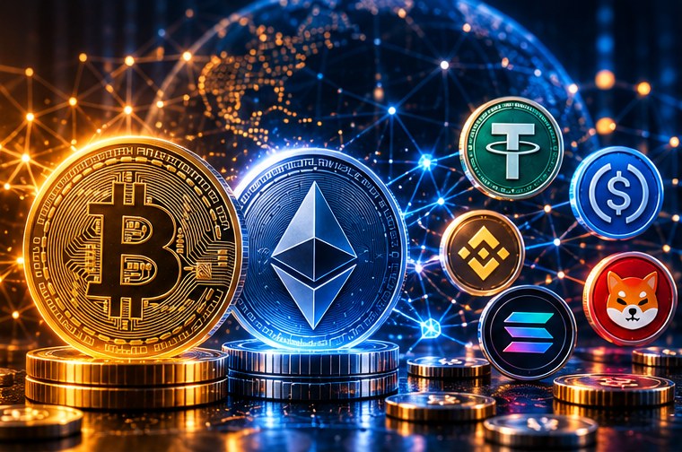 Монеты Bitcoin и Ethereum рядом с токенами USDT и Shiba Inu на схеме блокчейна