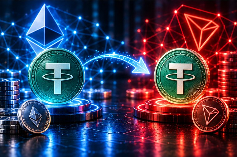 Токен USDT показан в двух разных блокчейн-сетях Ethereum и TRON