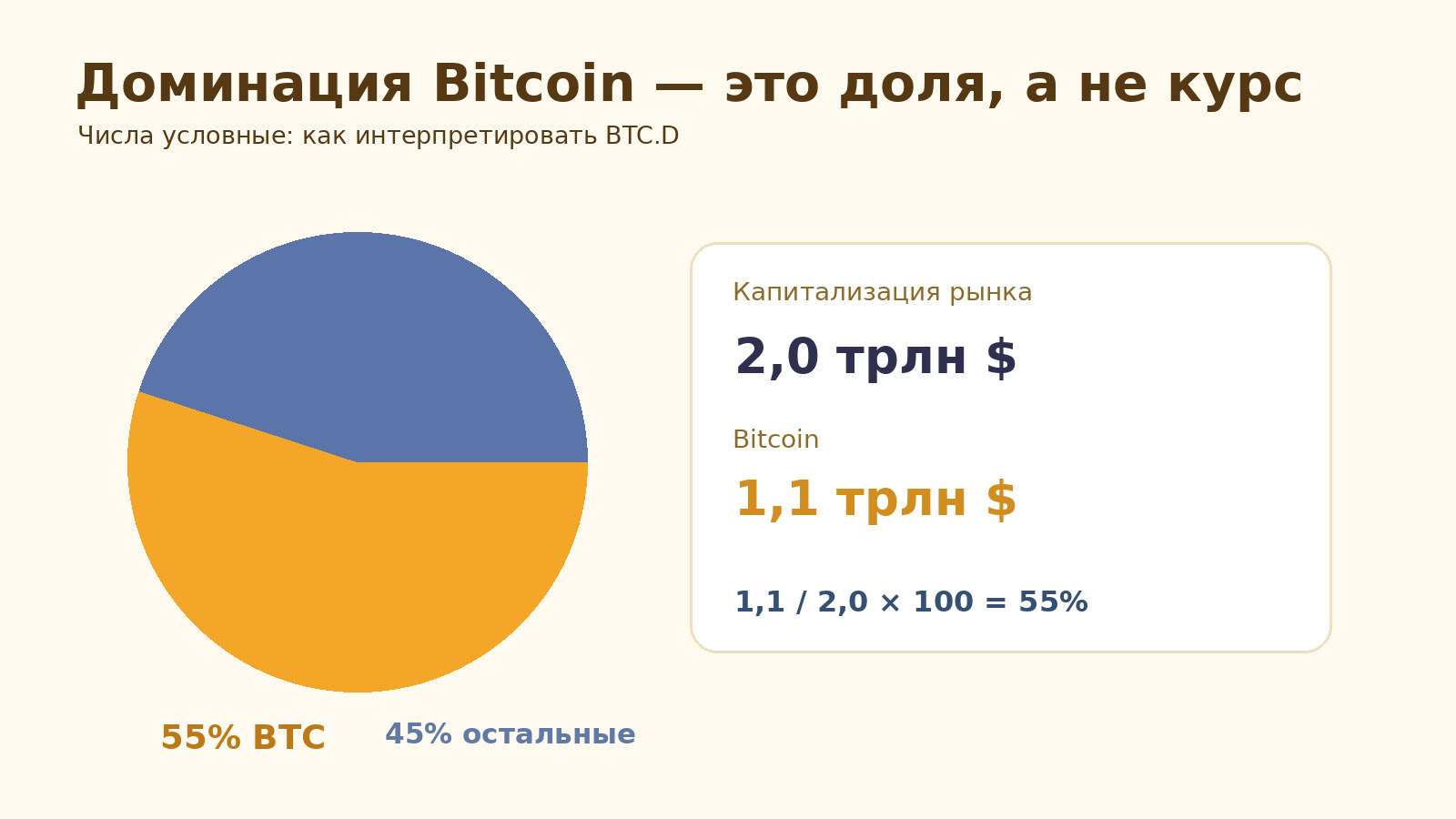 Расчёт доминации Bitcoin: 1,1 триллиона из двух триллионов долларов равно 55 процентам