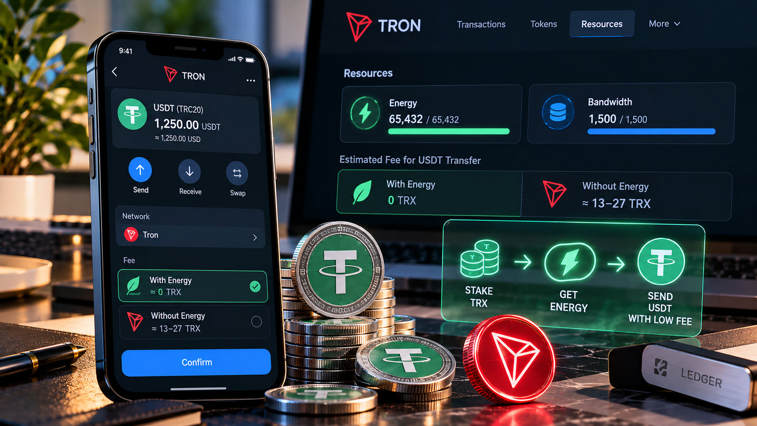 Учебная иллюстрация баланса Energy и Bandwidth рядом с кошельком USDT TRC-20