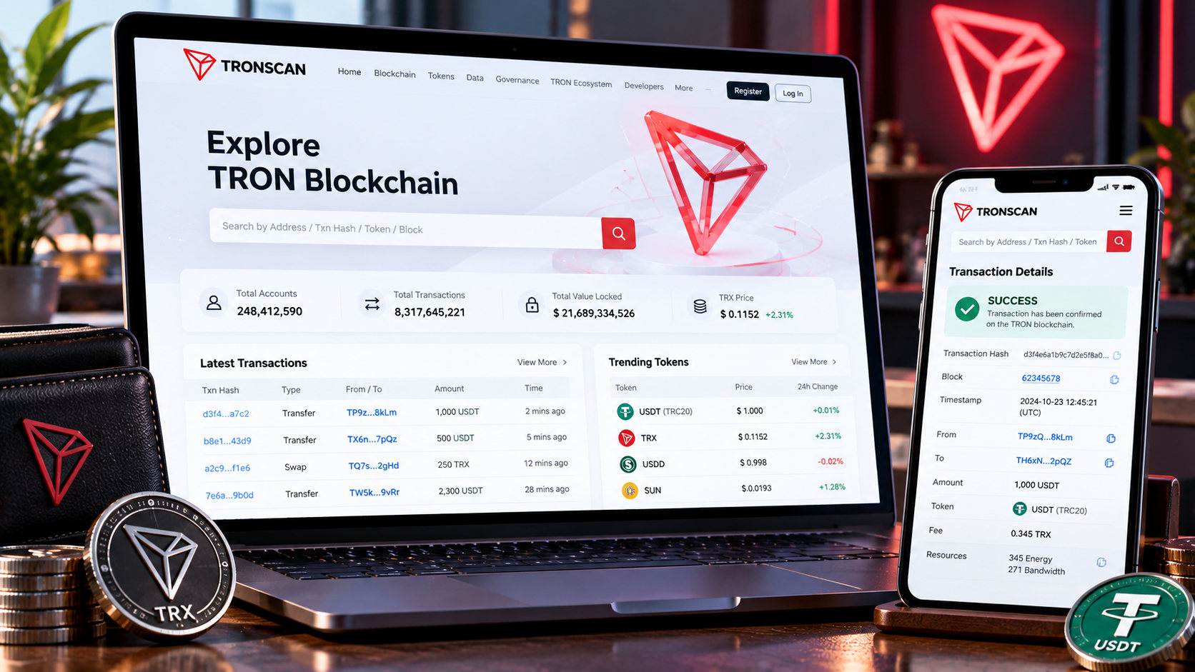 TronScan - обзор поисковой строки и результатов поиска адреса, TXID и токена