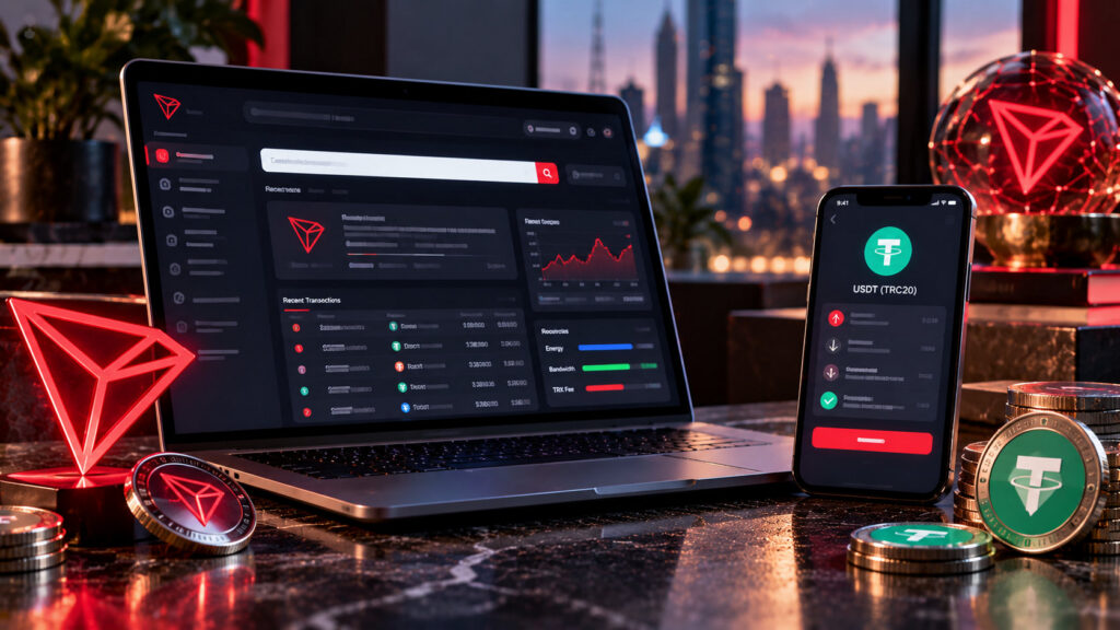 TronScan и USDT TRC20: концептуальная обложка с обозревателем TRON, токенами и проверкой транзакций