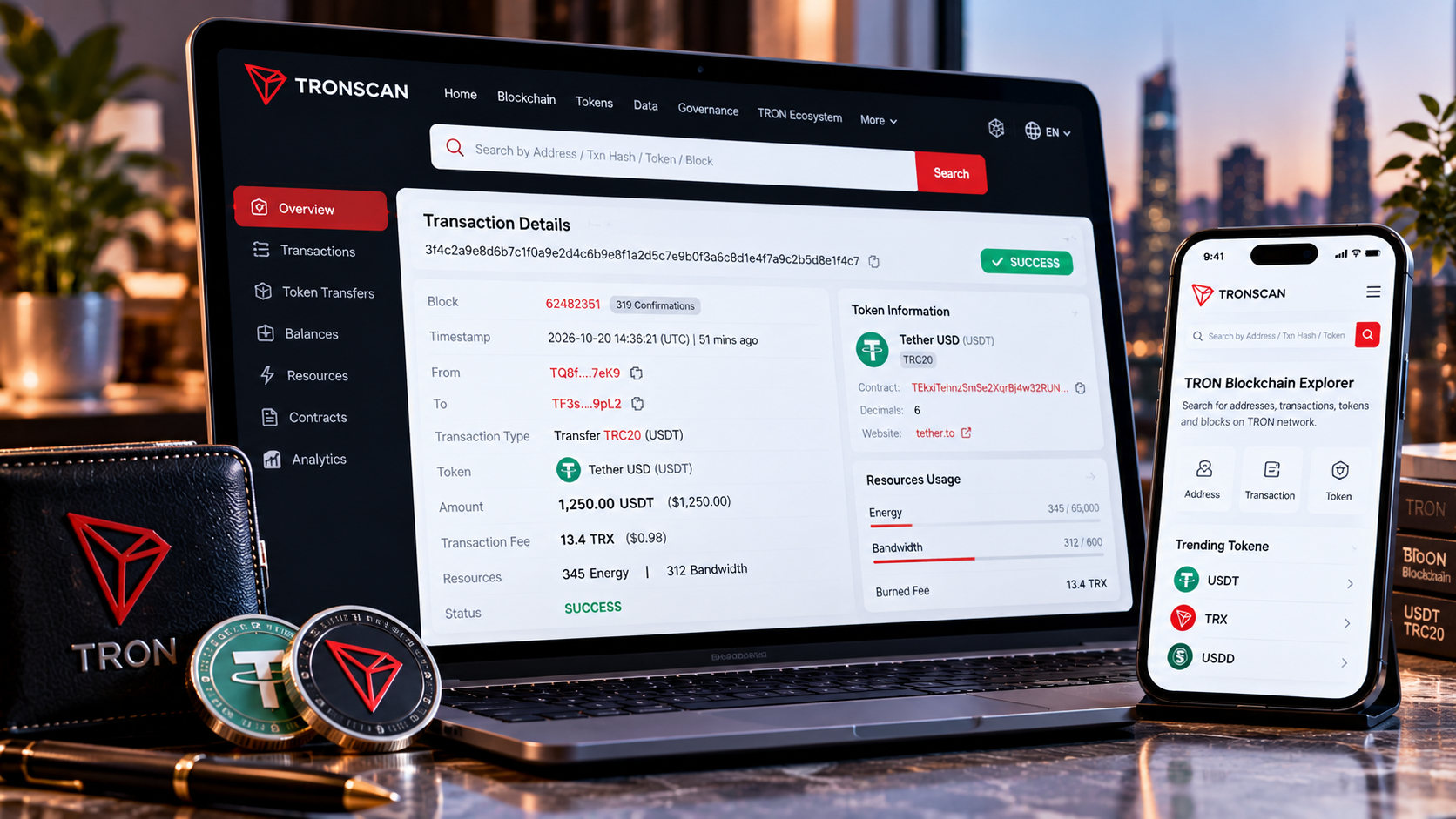 TronScan - проверка статуса перевода USDT TRC20 и данных отправителя и получателя