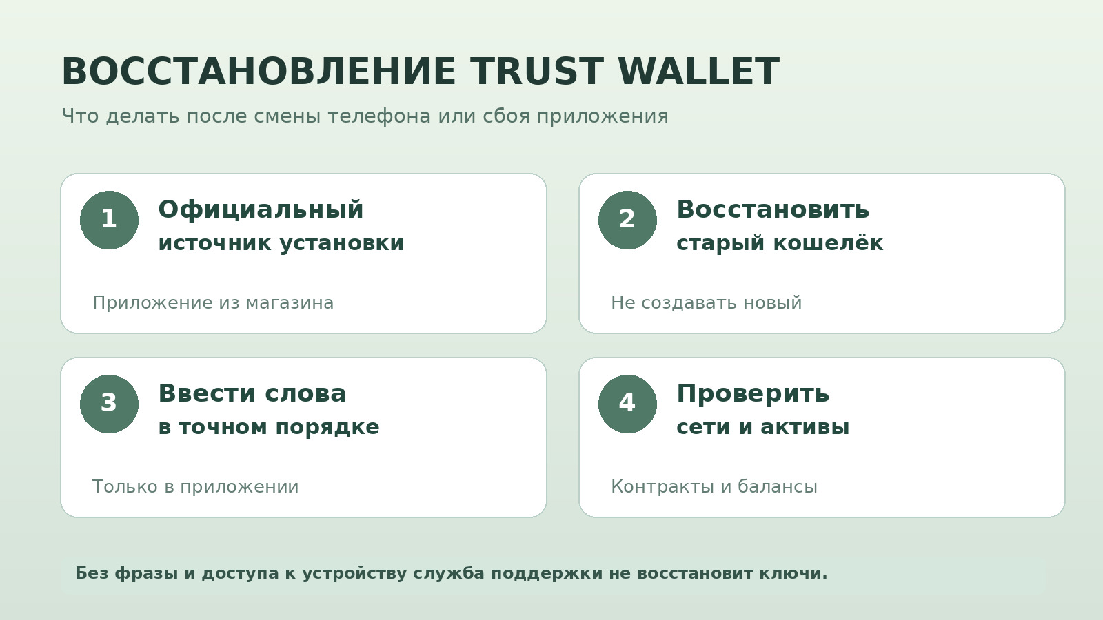 Схема восстановления Trust Wallet после смены телефона: приложение, слова, сети, активы