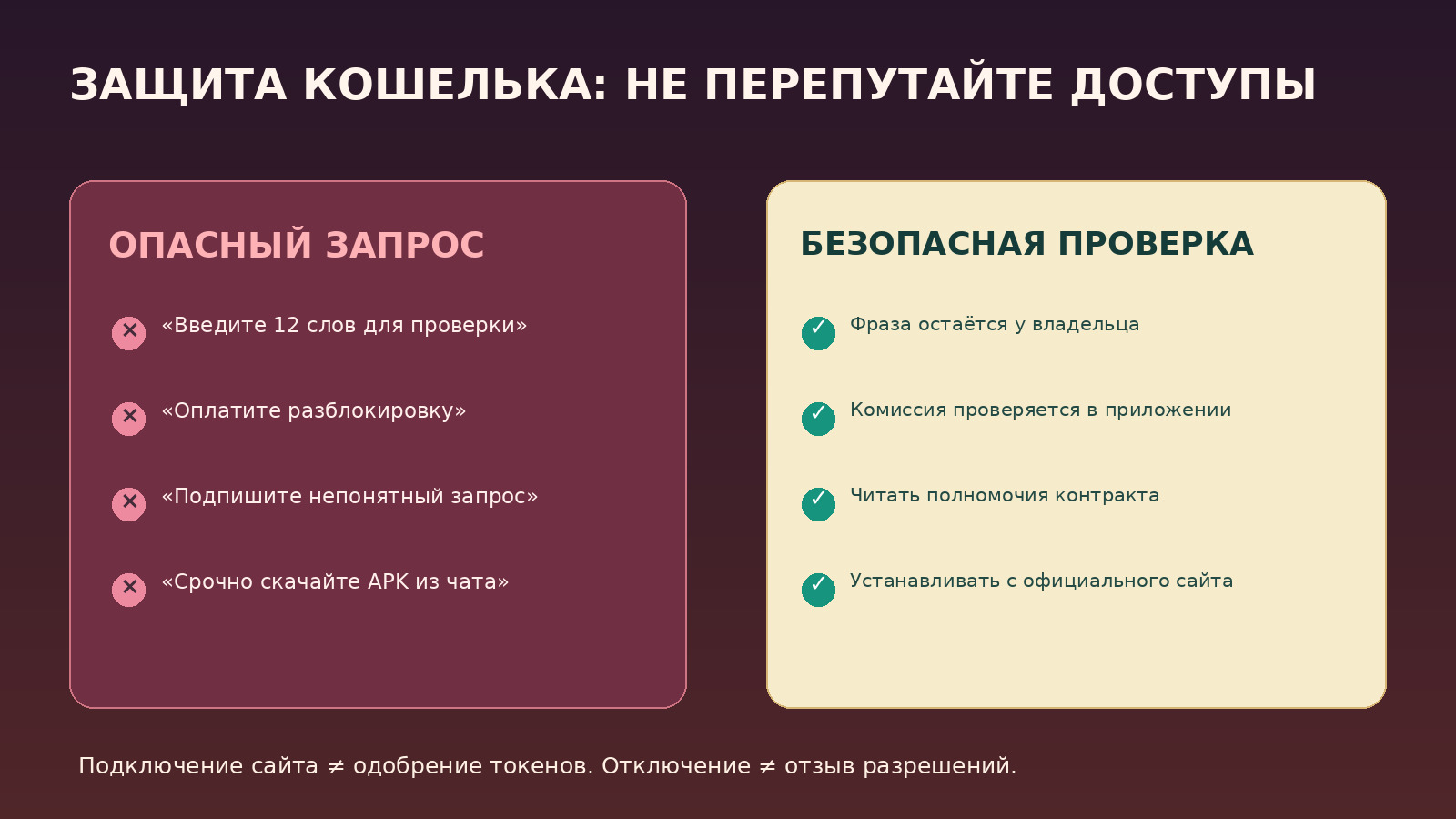 Сравнение признаков мошеннической подписи и безопасной проверки действий Trust Wallet