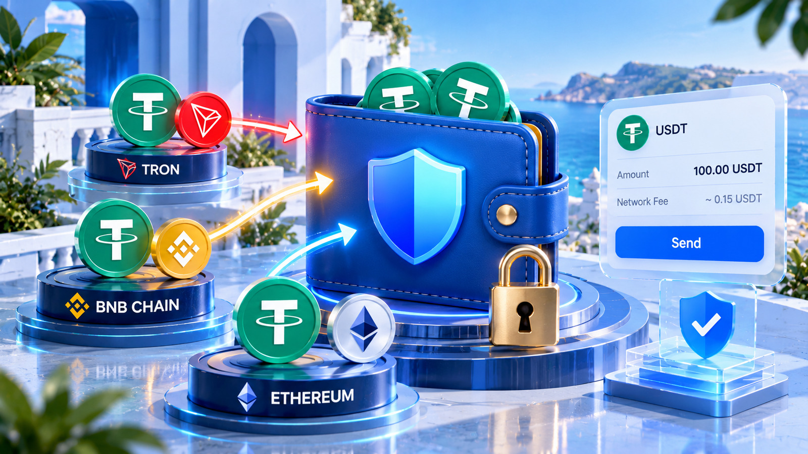 Концептуальная иллюстрация перевода USDT через разные сети в Trust Wallet