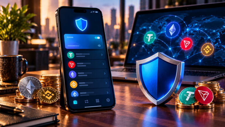Trust Wallet — некастодиальный криптокошелёк на смартфоне, символ защиты и монеты Bitcoin, Ethereum, USDT, TRON и BNB, редакционная иллюстрация