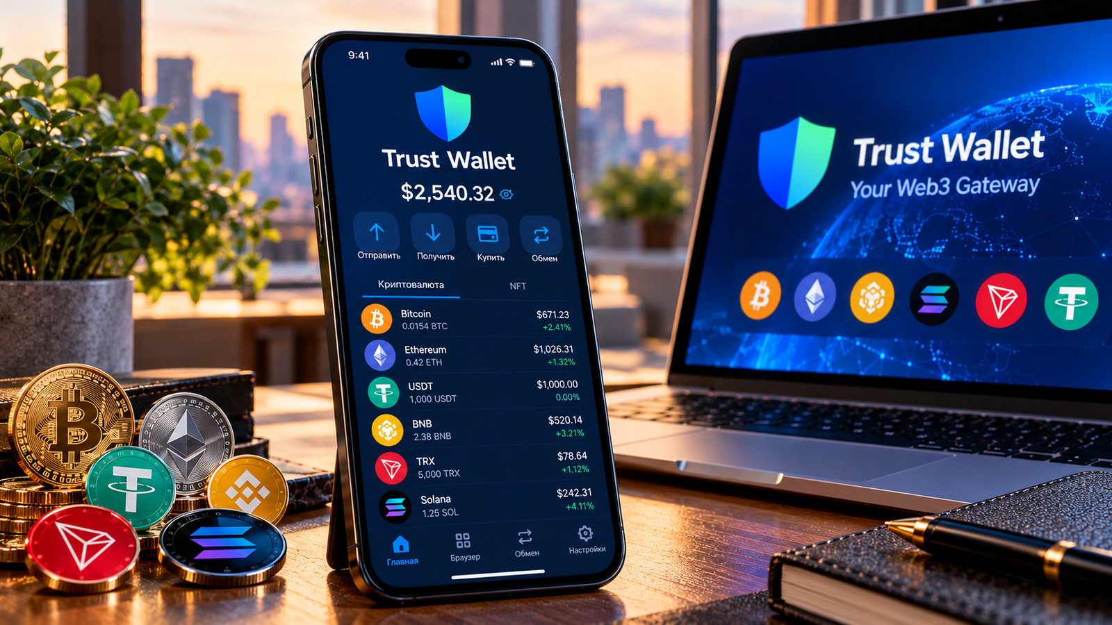 Учебная визуализация Trust Wallet на смартфоне рядом с ноутбуком, отображение криптоактивов и кнопок отправки, получения и обмена